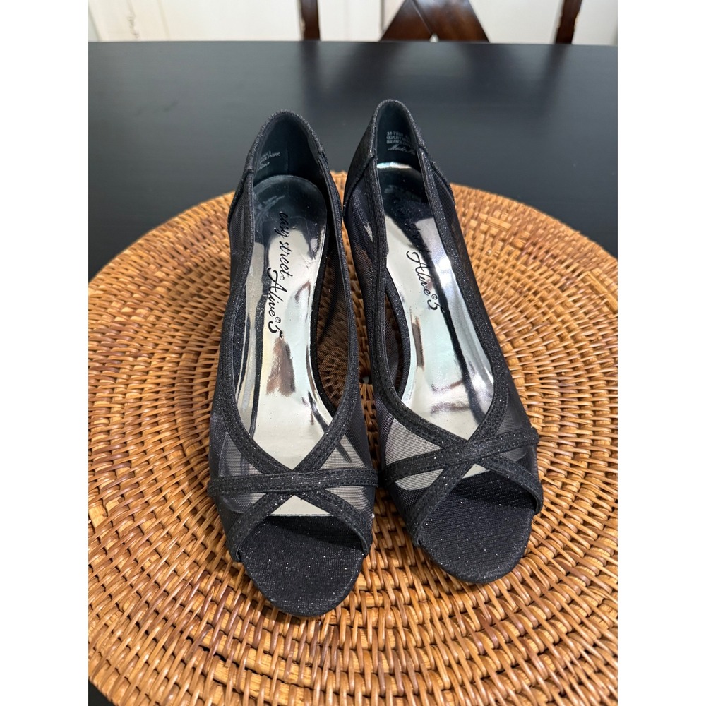 Easy Street Alive 5 Black Glitter Meshi Peep Toe Kitten Heel Pumps Evening Shoes